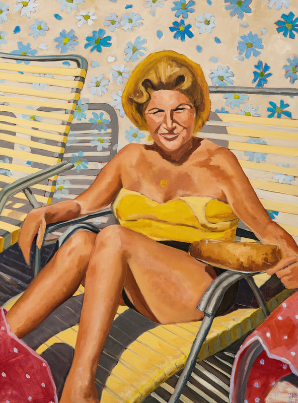 The Matriarch in Miami
By J. Kott-Wolle
Oil on Canvas, 30x40, painted 2019
Original photograph taken - 1965

To my mind no conversation about Jewish identity can take place without acknowledging the power of the Jewish mother in shaping who we are as people and as Jews.  The woman in this painting is not my mother.  This is Shirley. I love this image of her, soaking up the sun.  I can taste the soft rye bread with seeds on the plate next to her.  A ‘nirvana day’ for just about anyone.  Shirley passed away in December 2018. The thing that struck me most at her funeral was the sheer force of her will.  Shirley’s children described her as a woman who existed to raise a close-knit family that fully embraced both the American dream and their Judaism.  Women like Shirley got involved in community work, hosting Hadassah meetings, giving time and funds to Federation and building Temple sisterhoods.  Shirley, like so many ‘matriarchs’ made important decisions like joining synagogues, sending kids to Jewish camp and Hebrew school, celebrating memorable Passover seders and inviting children and their mates to weekly Shabbat dinner tables.  Shirley encouraged her children to achieve in extra-curricular activities, get part-time jobs and attend the best colleges to become all they could be.  She kept her family together by arranging annual cruises and Fourth of July BBQ’s.  Shirley’s price was definitely ‘far above rubies’.  I can say the same about my own mother and mother-in-law who continue to play this role in my family. Who were the matriarchs in yours?

