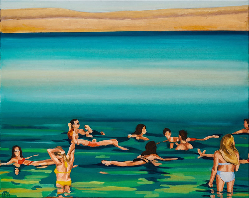 Teen Tour at the Dead Sea
By J. Kott-Wolle
Oil on Canvas, 24x30, painted 2019
Original photograph taken – 1988

When I was 19 I travelled to Israel for the first time on a teen tour organized by the AZYF (American Zionist Youth Federation).  In those days there were no free ‘Birthright’ trips to Israel.  Rather, I held a part-time job for over a year and saved my money to pay for the experience on my own. 

 I didn’t go to Israel with the intention of ‘connecting’ to my Jewish self.  At that time, the role of Judaism in my life had started to wane in a big way.  I no longer kept kosher (but hid that fact from my family); Hebrew school was behind me and I had traded in weekly Shabbat services for sleeping late on Saturday mornings.  Honestly, I was motivated to go to Israel because my friends had gone and it looked like a huge party to me. That was my primary attraction. 

Presently there are literally thousands of youth groups that travel through Israel, all with the goal of helping the cause of Jewish continuity – ‘marketing Judaism’ to a generation that appears to have only a peripheral interest in maintaining Jewish identity, religion and culture.  I can only imagine the organizers of these programs wondering if their efforts have any impact at all on shaping the Jewish identities of the young people who participate. Thirty plus years later, I can attest to the fact that my youth trip to Israel ‘worked’. In the midst of all the fun and freedom, I for one, found myself very introspective during that experience. I returned home with the realization that my Judaism was no longer my mother’s responsibility but was on me now. I made a promise to myself to take as many Jewish studies classes I could find in college - where I met my husband; made a career decision to work in Jewish communal service and ensure that my children had positive experiences with both Jewish camp and education so that they’d be literate and proud Jews.  In the end, the AZYF “Taste of Israel” trip was probably one of the most important Jewish experiences of my life.
