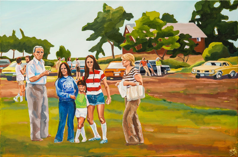 Visitors Day Camp Massad 1976
By J. Kott-Wolle
Oil on Canvas, 24x36, painted 2019
Original photograph taken - 1976

My earliest memory of overnight camp was in the summer of 1976.  I was seven years old and my parents had shipped off all four of my sisters to sleep-away camp.  I remember sitting quietly in the back seat of my dad’s car beside my Zeidi and driving for hours into Ontario’s cottage country as we set out for Visitors Day. 

As soon as we pulled into the grounds of Camp Massad I was smitten.  There was something about that place – the sparkling lake, the sounds of screen doors slamming, cool kids everywhere, Hebrew music over the loudspeaker, Israeli and Canadian flags draped on the walls of the ‘chadar ochel’ (the mess hall).  I wanted to grow up fast so I would be old enough to go to camp. 

What makes Jewish camp special? On Friday nights, the mood shifts to something magical when campers dress up in white for weekly Shabbat dinners; Saturday services by the lake are usually accompanied by Shabbat-only treats such as donuts or chocolate cereals; lazy Sabbath afternoons are spent hanging out with great friends, discussing life’s biggest questions while making macramé bracelets in the bunks; Shabbat concludes at sundown with Havdalah (candle lighting) and raucous song sessions with the whole camp community arm-in-arm.   

As a child so much of being Jewish during the school year felt limiting (‘don’t eat this – it’s not kosher’; ‘you can’t go there because you have Hebrew School’). But camp is different. For many kids Jewish spirituality is sparked at camp.  Jewish overnight camp is a uniquely American invention and studies have shown that attending Jewish camp is an important predictor of Jewish affiliation into the future.  It remains an American Jewish success story and my kids love their Jewish summer camping experience just as much as I did.

