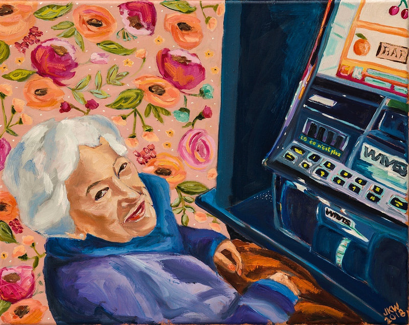 Bubba Sara at Casino Rama
By J. Kott-Wolle
Oil on canvas, 16x20, painted 2018
Original photograph taken - 2010

I never really felt close to my grandparents but I loved them and I knew they loved me.  They died when I was quite young and they only spoke Yiddish so it was tough to communicate and establish a real relationship with them beyond the adoring smiles.  When I met my husband it was completely strange to me to have that generation alive and well and part of our lives.  Lucky for me he had two wonderful grandmothers.  Being with them was almost like time-traveling to the shtetls of old and yet both were thoroughly modern women, each with a playful sense of humor.  Bubba Sara died in 2017.  She lived to be 102. Bubba LOVED the casinos.  When she turned 90 we (her grandchildren) took her to Las Vegas because she wanted, as she put it, “to go there one last time before moving to my apartment in the sky”. Even near the end of her life, when she slept a lot, she’d perk up if someone offered to take her to the slot machines.  I miss her every day.
