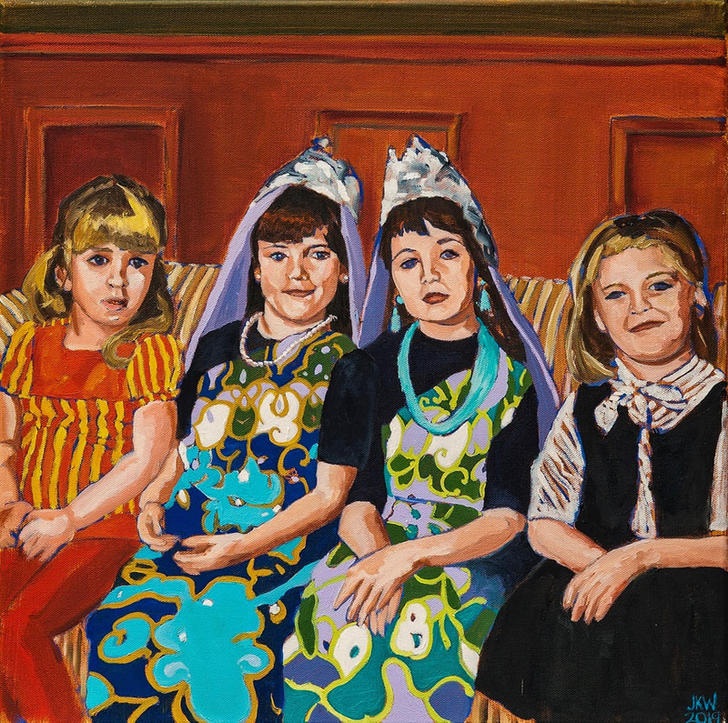 Two Queen Esthers
By J. Kott-Wolle
Oil on Canvas, 20x20, painted 2019
Original photograph taken - 1972

Purim was the holiday that made me love being Jewish.  It had all the elements: costumes, hamentaschen cookies, candy, a good story, a seriously fun carnival and lots of noise.  I remember my father always opted out of the megillah reading because he couldn’t take the clattering sound of the groggers (noise-makers) cancelling out Haman’s name. But this was the one time in the Jewish calendar year when I fully opted in.  I even won the best Queen Esther costume in the ‘under 3 with a bottle category’.  It was great.
