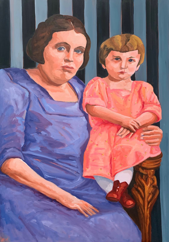 Chaya Lea Tried to Come to America
By J. Kott-Wolle
Oil on Canvas, 30x40, painted 2019
Original photograph taken – 1925

One of the legacies of descending from Holocaust survivors is that you grow up in a house without old family photos - a huge piece of your history is simply ‘erased’.  By some miracle one precious photo made it through my family’s escape from the Nazis.  This image is of my great grandmother, Chaya Lea in the 1920’s.  Her husband had moved to New York and she was set to join him with their 5 children once he had earned enough money to sponsor them and pay for their travel. Chaya Lea had this portrait taken as part of her sponsorship application.  A cruel twist of fate happened when her husband died suddenly.  Chaya Lea became a widow and her immigration plan was thwarted.  She and her five children stayed in Poland. 

My mother recalls the day her grandmother was murdered. There was a raid on the Krakow Ghetto.  My mother (only 5 years old at the time) was hidden with Righteous Gentiles.  When the raid was over my mother was returned to her family and she remembers that everyone was crying and sitting shiva (mourning) for Chaya Lea.  Chaya Lea was taken during that raid and was possibly transferred to the Auschwitz concentration camp or shot in the street. Her story was one of the ‘unspeakables’. Chaya Lea has no grave. Four of her five children did survive.  The little girl beside her, my great Aunt Cecilia, was saved by Oskar Schindler. 

