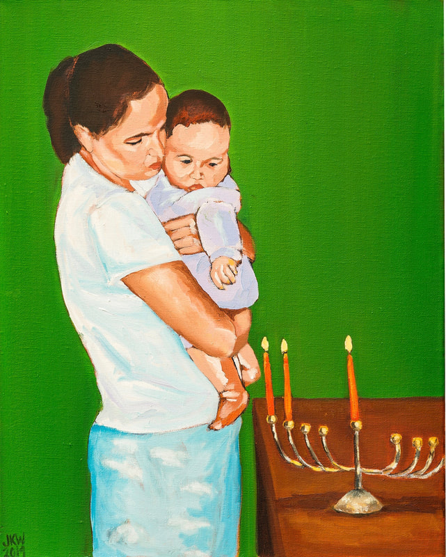 Baby’s First Chanukah
By J.Kott-Wolle
Oil on Canvas 16x20, painted 2019
Original photograph taken – 1999

I remember my oldest child’s first Chanukah like it was yesterday. It had been a very busy day and we forgot to light the candles to mark the holiday. Late that night, when we reminded ourselves to do it, all I wanted was to go to sleep.  In my delirium I had an internal debate – does it even matter if we light the Chanukah candles for a baby who doesn’t know the difference? Can’t we just observe these rituals when he’s older and understands what is going on around him? In the end, tradition won out and we dragged ourselves over to the living room window to light the Chanukiah – Henry was so squirmy in my arms.  I’ve often wondered: are you born Jewish or do you become Jewish after being exposed to it and having it cultivated in you?  On reflection I’ve come to the conclusion that both answers are true.  Jewish identity, a feeling of spiritual and emotional connection to Judaism, it’s history, people and culture, however, involves being ‘sparked’ and that can happen at any age.
