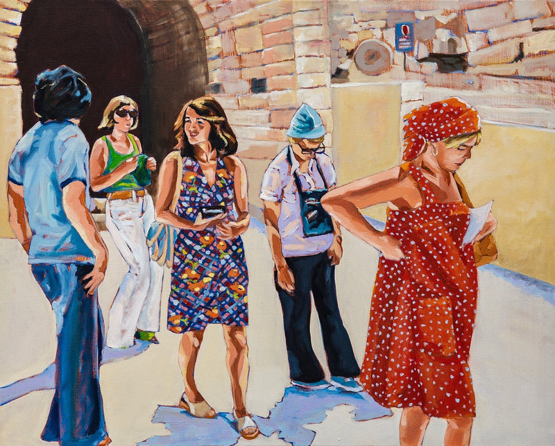 Sabra Tours 
By J. Kott-Wolle
Oil on Canvas, 28x30, painted 2017
Original photograph taken - 1978

I’ll never forget the first time my parents went to Israel.  It was monumental because they had never gone on a real vacation before.  I remember my mom shopping up a storm to have just the right outfits for the Middle Eastern climate (and vibe).  Those were the days when parents didn’t think much of leaving their teenaged kids at home alone for a couple of weeks to hold down the fort in their absence. (Of course everything that could go wrong did go wrong! Caroline got the mumps and I had a horse riding accident at camp…). 

When they returned I saw that my dad (in particular) was profoundly moved by the whole experience. If I think about the arc of history I am amazed by the shift in mentality that took place for Jews in the space of 25-30 years. My parents were born approximately 15 years before the establishment of the modern State of Israel and my sisters and I were born approximately 15-20 years after it.  The Jewish State was a fact that I took for granted for my entire life. But when my parents were children they experienced unthinkable insecurity and danger as Jews living in Europe. If Israel been there when the Nazis came to power they could have escaped there and never would have endured so much pain and loss. That must be difficult for their generation to reconcile.  

