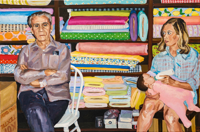 Kot Textiles 
By J. Kott-Wolle
Oil on Canvas, 24x36, painted 2019
Original photograph taken - 1969

My grandfather was the hero of my dad’s family during the Holocaust. In 1949, after ensuring their survival, Zeidi brought his family to Canada at the age of 50 where he quickly grew to understand that his best years were probably behind him and real opportunity was reserved for the next generation.  Nevertheless hard work was expected and Zeidi and his brother Usher got into the shmata (fabric) business.  They opened Kot Textiles on Queen Street.  It never took off.  Jewish success stories are often peppered with tales of shmata peddlers who turned their small operations into some of the biggest names in fashion today but this was not in the cards for Zeidi and Usher. I grew up visiting that store on weekends with my parents and sisters. I remember Zeidi reading the “Yiddish Forverts” (The Forward) and always having a brown paper bag full of chocolate bars from the corner store ‘fir de kinderlach’. Zeidi did not speak English well but I do remember the sense of importance I felt when he’d ‘test’ the quality of the fabric of my clothes by rubbing a swatch between his fingers and then give a nod of approval.  The store smelled like Pine-Sol, reams of material and cigarette smoke. I was certain that if he just had some good and colorful signage (which I’d hand draw) sales would go up.
