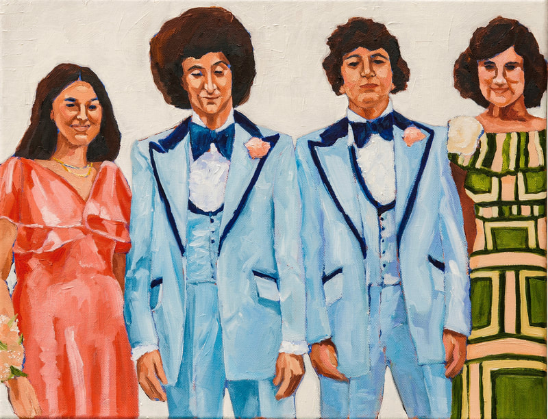 The “Jew-Fro”
By J. Kott-Wolle
Oil on Canvas, 14 x18, painted 2019
Original photograph taken – 1975

Boys like the ones pictured here rumbled onto our driveway in their Camaros and Firebirds to take my four sisters to the movies, sweet sixteens, USY events and proms on a regular basis.  My poor father – one can only imagine how protective he must have felt! There’s an old Yiddish saying: ‘finif techte ist nischte gilechte’ which means “five daughters is no laughing matter”.  There’s a lot of wisdom in Yiddish.
