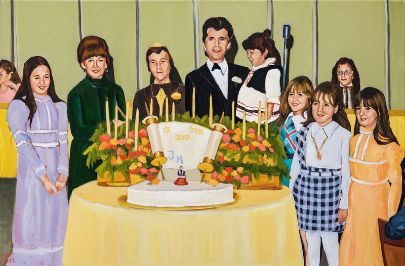 Bar Mitzvah Boy
By J. Kott-Wolle
Oil on Canvas, 24x36, painted 2019
Original photograph taken - 1974 

The first Bar Mitzvah I ever attended was my cousin John’s.   It was a big milestone because he was the only boy out of ten cousins on my dad’s side.  The celebration was pretty lavish with a catered banquet and a live band. When I saw my aunt, uncle and five cousins sitting at the head table they looked like ‘royalty’ to me.  In the 70’s there used to be this candle lighting ceremony for Bar Mitzvah boys (I have no idea when this ritual fell out of fashion).   It was a way to honor 13 guests by inviting them to stand next to an awkward bar mitzvah boy and light a candle on his Torah shaped birthday cake.   Every honoree marched across the dance floor to a ‘theme song’ that the band or DJ played at high volume. The Kott sisters’ song was always (you guessed it!) “We are family – I got all my sisters and me” by Sister Sledge.  My cousin John, in his brown velvet tuxedo, did not look amused.
